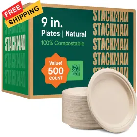 Stack Man 850024098473 100% Compostable Paper Plates 9 Inch 500 Round Pack Unbleached