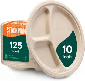 Stack Man 850766007979 100% Compostable 3 Compartment Disposable 10 Inch Sectional Plates Unbleached