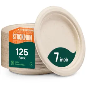 Stack Man 850766007993 Paper Plates 100% Compostable Heavy Duty Disposable 7 Inch Small Brown