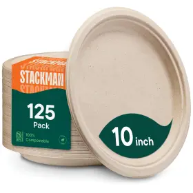 Bg-10p125 Stack Man Paper Plates 100% Compostable Heavy Duty Disposable 10 Inch Plate - 125-pack