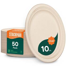 Stack Man Bg-po10k-50 100% Compostable Oval Paper Plates 50-pack - Pfas-free 10 Inch Unbleached