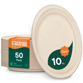 Bg-po10k-50 Stack Man 100% Compostable Oval Paper Plates 50-pack - Pfas-free 10 Inch Unbleached