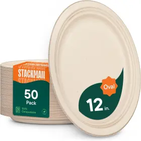 Bg-po12k-50 Stack Man 100% Compostable Oval Paper Plates 50-pack - Pfas-free Large Unbleached