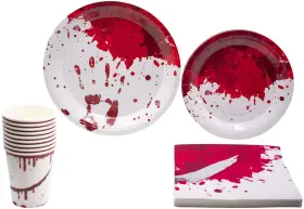 Stephanie Imports 788089180225 Bloody Halloween Tableware Pack Disposable Paper Plates Napkins And Cups Se
