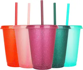 Hsf2545 Suertestarry Reusable Cups With Lids And Straws 5 Pack Rainbow Glitter