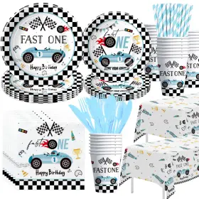 Skt0121 Suhelkit Fast One Birthday Decorations For Boys Tableware - Blue Race Car 1st Pa