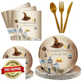 B0cjjfxhh9 Sunnyray Baby Shower Plates Napkins And Forks Set - 96 Pcs For 24 Guests