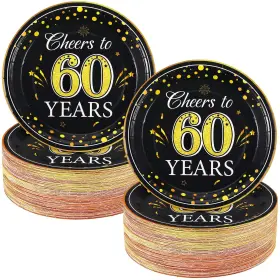 Sunnyray-14588 Sunnyray 100 60th Celebration Plates Cheers To 60 Years Black Gold Dinner