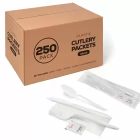 Supellectilem 850010839813 250 Plastic Cutlery Packets - Knife Fork Spoon Napkin Salt Pepper Sets Whit