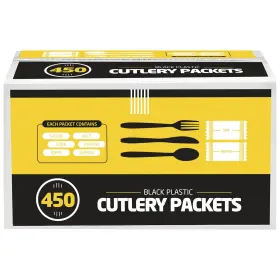 Cp450b Supellectilem 850044138951 450 Plastic Cutlery Packets - Knife Fork Spoon Napkin Salt Pepper Sets Blac