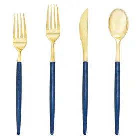 B08hgxv876 Supernal 180-piece Gold Plastic Cutlery With Blue Glitter Handles - Disposable Perfec