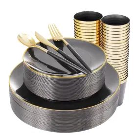 B094jqgfbd Supernal 180pcs Black Plastic Dinnerware Set Include Gold And Plates Clear Dispo