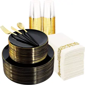Rc125-1 Supernal 350pcs Black Plastic Dinnerware Set Plates With Gold Rim