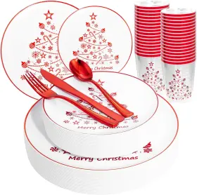 Rc348-2 Supernal 150pcs White And Red Christmas Plastic Dinnerware Set