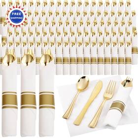 Supernal Rc371-1 Plastic Cutlery Set 120pack Wrapped Disposable Silverware Led Gold