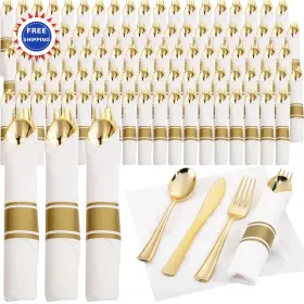 Rc371-1 Supernal Plastic Cutlery Set 120pack Wrapped Disposable Silverware Led Gold