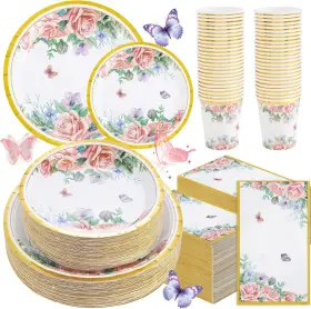 Rc536-1 Supernal 200pcs Pink Green And Purple Easter Spring Butterfly Paper Dinnerware Set