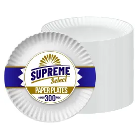 Be12100-3 Supreme Select 300 Disposable 9 White Paper Plates Uncoated For Parties And Bbqs