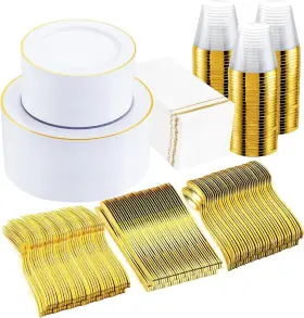 Sut 800689596975 350pcs Disposable Dinnerware Set For 50 Guests White And Gold Plastic Plates