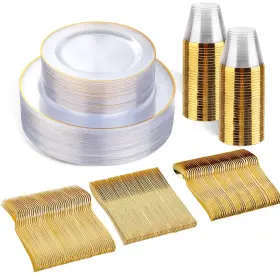 Sut Et 63 150 Pcs Gold Plastic Plates Disposable Clear Dinnerware Set With Cups Inclu