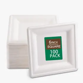 Sp06 Sut 6inch Compostable Paper Plates 100 Pcs Square Biodegradable Bagasse Heavy