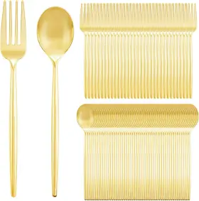 Sut78-0203g Sut 200pcs Gold Plastic Forks And Spoons Heavy Duty Set Disposable Silverw