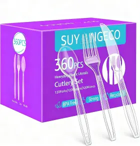 Suyangeco 711181118506 360 Count Clear Plastic Forks Spoons Knives Bulk Heavy Duty Silverware