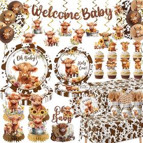 Suzkoqo 717504706870 Highland Cow Baby Shower Decorations Farm Animals Brown Print Tableware I