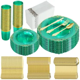 Syosof 774351311442 350pcs Clear Green Plastic Plates Disposable Dinnerware Sets For 50 Guests