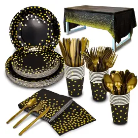 Tabremstr 033985434423 176 Pieces Gold Disposable Party Dinnerware Set &golden Dot Din