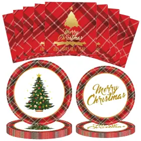 Plates-0904 Tagberoy 72 Pcs Christmas Plates Disposable Party Set Red Black Plaid Tree Holi