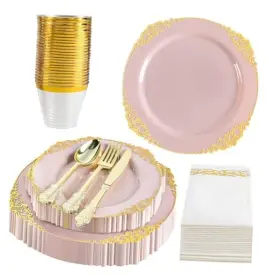 4830 Taizhou Kuanyuan Household Co. Ltd 175 Pcs Pink And Gold Plastic Disposable Dinnerware Set For 25 Guests Elegant
