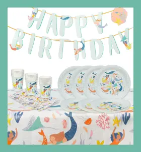 Talking Tables 052715147308 Mermaid Party Decorations And Tableware 50pcs Bundle Includes Happy Birthday