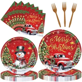 Temicle 796288660684 96 Pieces Merry Christmas Tableware Set Red Truck And Snowman 7in 9in