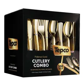 Tepco 752541962124 300 Gold Disposable Plastic Flatware Set 100 Forks Spoons Knives Heavy D