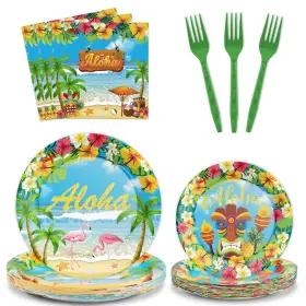 Wp0279 Tevxj 96pcs Hawaiian Aloha Tableware Set Luau Tropical Dinnerware Disposable Plates