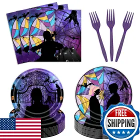 B0cg88jhnl Tewess 96 Pcs Wednesday Plates Napkins And Forks Party Supplies - Gothic Theme