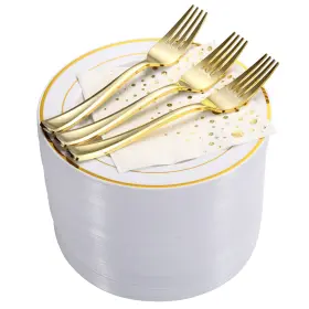 The Essential Concierge 060623560287 Stylish Gold Dessert Plates Disposable Forks And Cocktail Napkins 100 Set