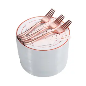 The Essential Concierge 060623560324 Stylish Rose Gold Dessert Plates Forks And Cocktail Napkins 100 Set 7.5 I