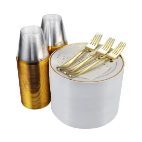 The Essential Concierge 060623560362 Stylish 7.5 Inch Gold Dessert Plates With Disposable Cups Forks And Coc