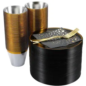 The Essential Concierge 060623560430 Stylish 7.5 Inch Gold And Black Cake Plates With Disposable Cups Forks Co