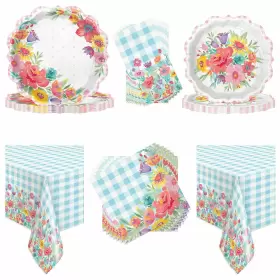 52389 The Pioneer Woman Easter Spring Floral Plaid Tableware Kit Party Supplies 16 Guest