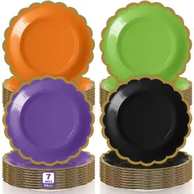 Son-tiangrid-0757 Tiangrid 96 Pcs Halloween Paper Plates 7 Inch Purple Black Green Orange Dessert Scallo