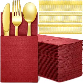 Boo-tioncy-0280 Tioncy 100 Pack Gold Plastic Silverware Cutlery Set Dinner Napkins With Built In Fla