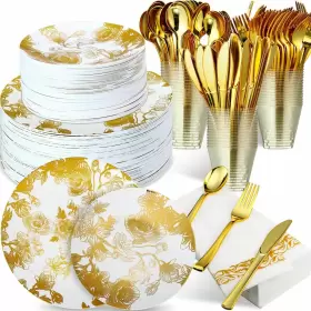 Boo-tioncy-6995 Tioncy 350 Pcs Gold Floral Plastic Dinnerware For 50 Guests Disposable Dinner