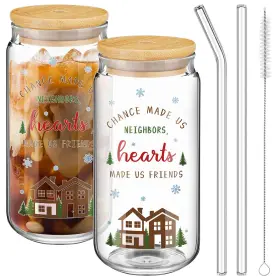 Boo-tioncy-7756 Tioncy 2 Pcs Christmas Neighbors Glass Cups With Lids Straws And 16oz Clear Boo-tioncy-7756 Tioncy 2 Pcs Christmas Neighbors Glass Cups With Lids Straws And 16oz Clear