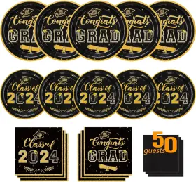 Rdp2227-50h Tiston Graduation Plates And Napkins 2024 200 Pcs Black Gold &
