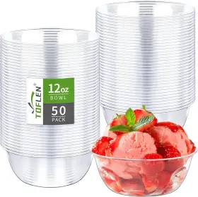 Toflen 313106468460 12 Oz Clear Plastic Bowls 50 Pack Disposable Small Hard Serving