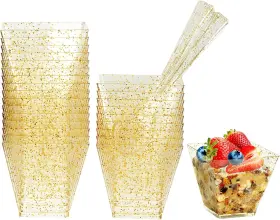 Tongcloud 313104150176 25 Set Mini Plastic Dessert Cups With Spoons Gold Glitter Square Smal