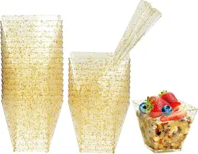 Tongcloud 795853595130 25 Set Mini Plastic Dessert Cups With Spoons Gold Glitter Square Small